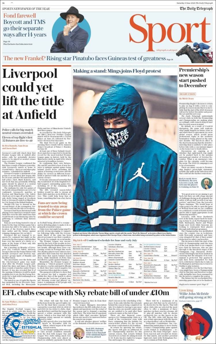 روزنامه ورزشی تلگراف اسپورت شنبه 17 خرداد 1399