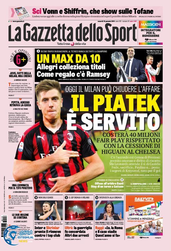 روزنامه ورزشی گاتزتا دلو اسپورت جمعه 28 دی 1397