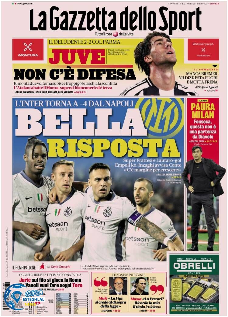 روزنامه  ورزشی گاتزتا دلو  اسپورت پنجشنبه 10 آبان 1403 