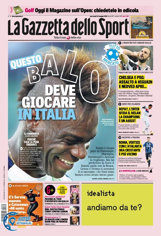 روزنامه گاتزتا دلو اسپورت چهارشنبه 9 خرداد 1397