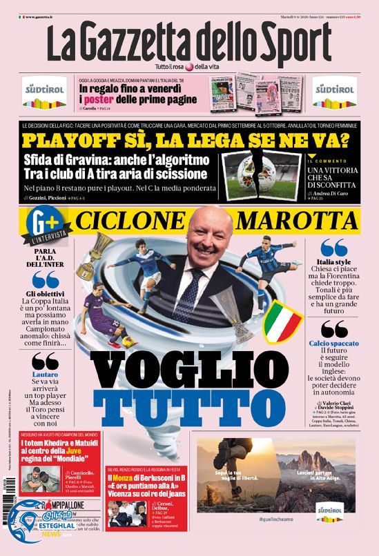 روزنامه ورزشی گاتزتا دلو اسپورت سه شنبه 20 خرداد 1399