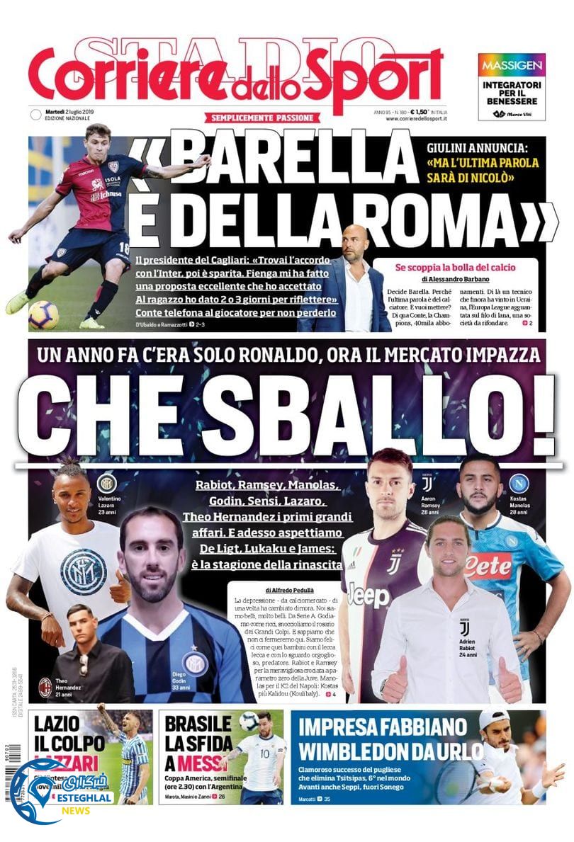 روزنامه ورزشی کوریره دلو اسپورت سه شنبه 11 تیر 1398