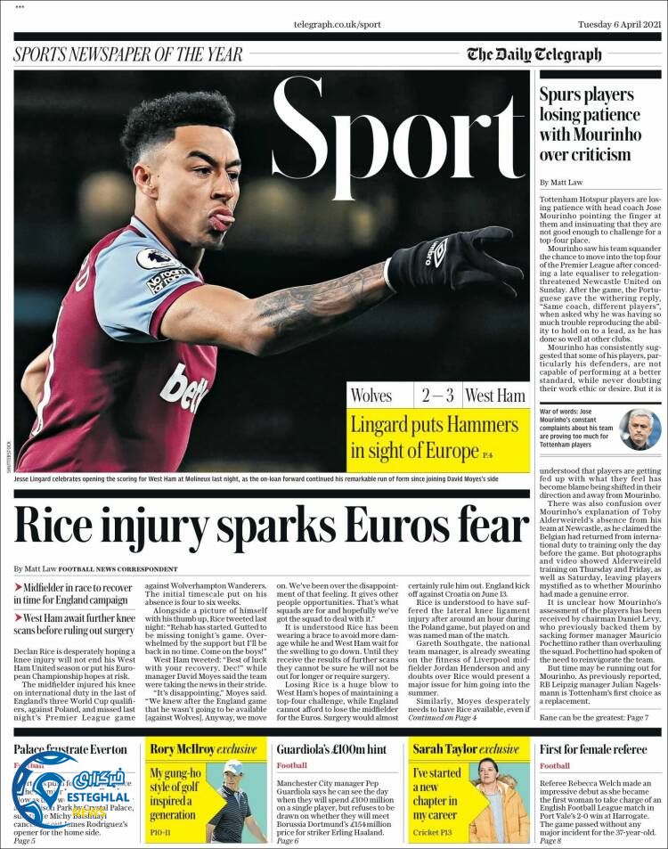 روزنامه ورزشی تلگراف اسپورت سه شنبه 17 فروردین 1400