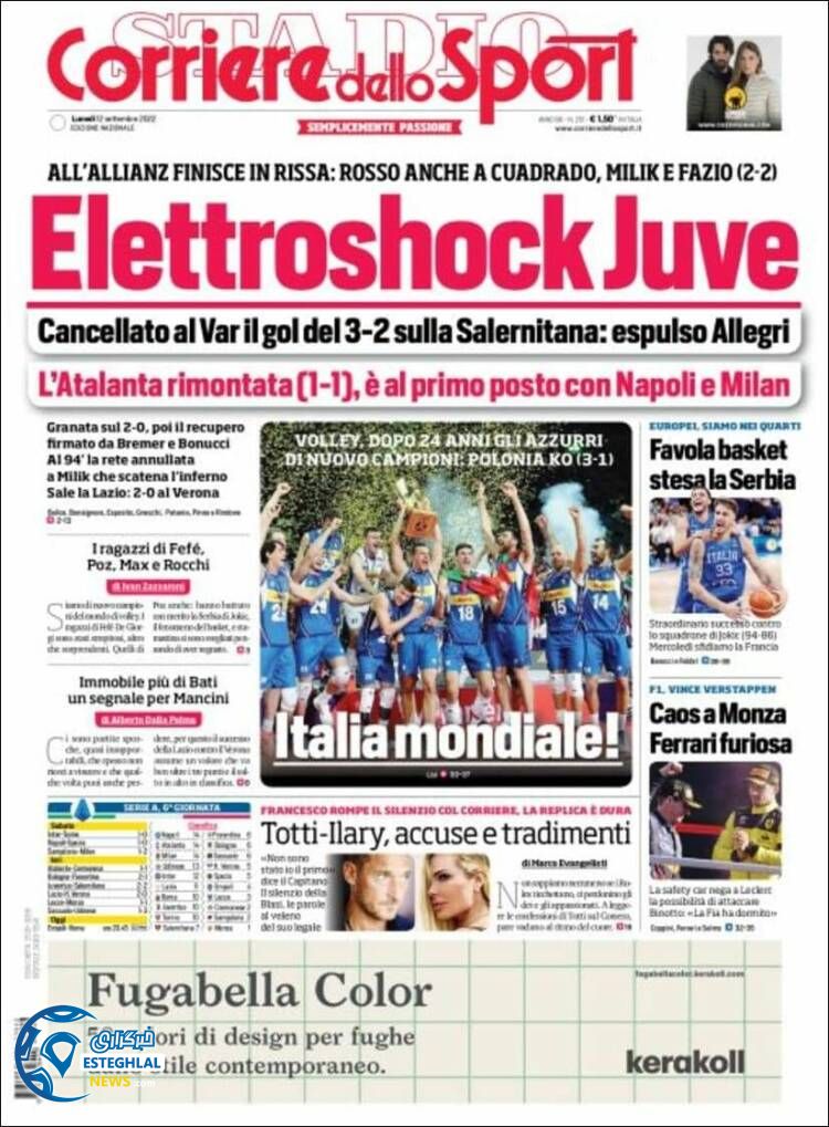 روزنامه  ورزشی کوریره دلو اسپورت دوشنبه 21 شهریور 1401