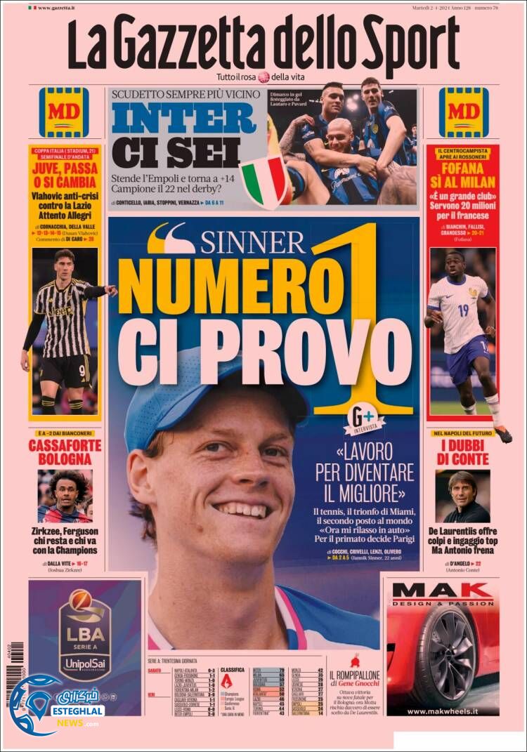 روزنامه ورزشی گاتزتا دلو اسپورت سه شنبه 14 فروردین 1403 