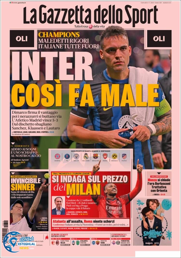 روزنامه  ورزشی گاتزتا دلو اسپورت پنجشنبه 24 اسفند 1402 