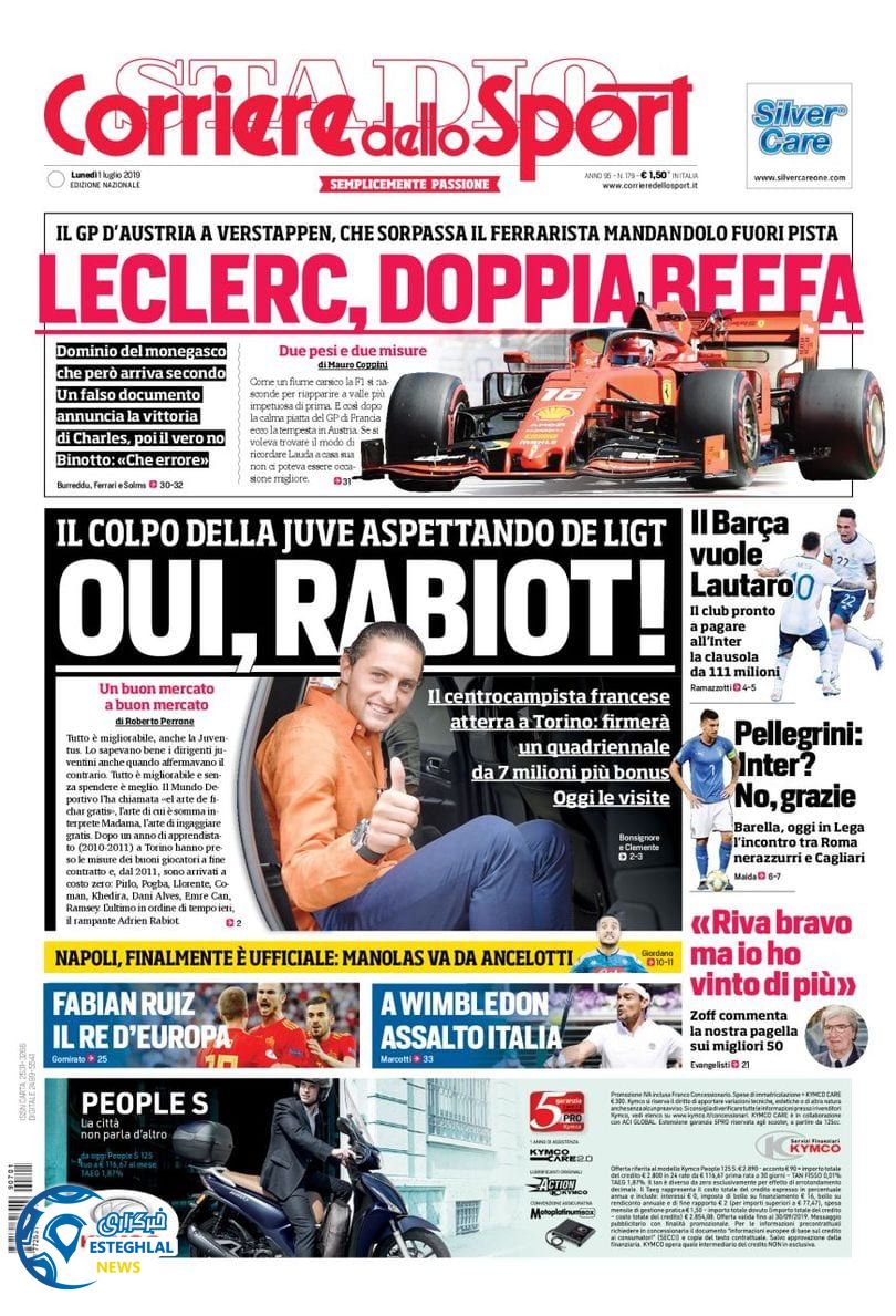 روزنامه ورزشی کوریره دلو اسپورت دوشنبه 10 تیر 1398