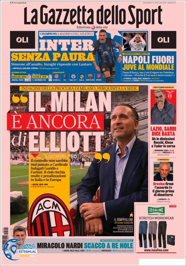 روزنامه ورزشی گاتزتا دلواسپورت چهارشنبه 23 اسفند 1402 