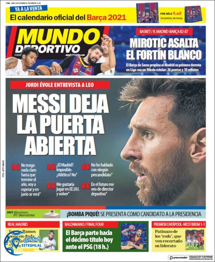 روزنامه ورزشی موندو دپورتیوو دوشنبه 8 دی 1399