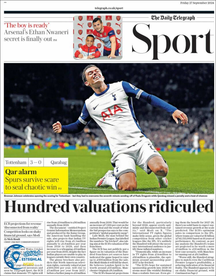 روزنامه ورزشی  تلگراف اسپورت جمعه 6 مهر 1403 