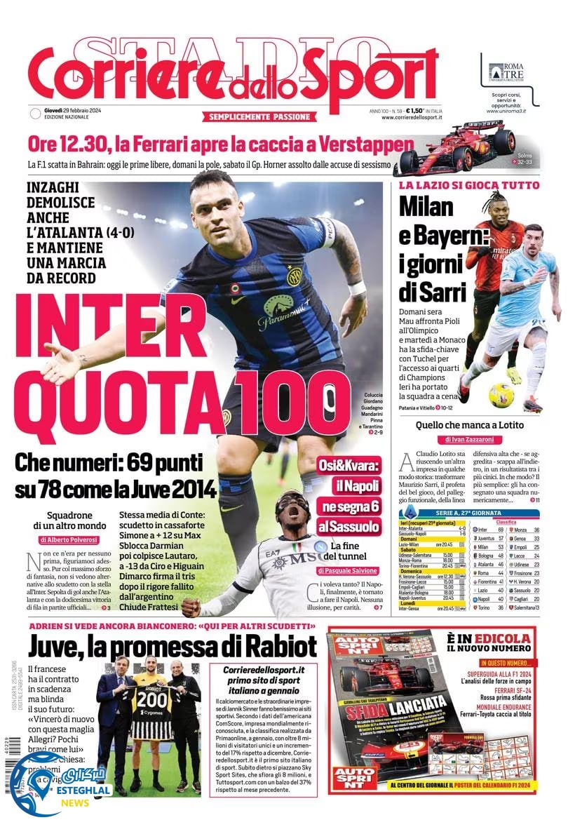 روزنامه ورزشی کوریره دلو اسپورت پنجشنبه 10 اسفند 1402 