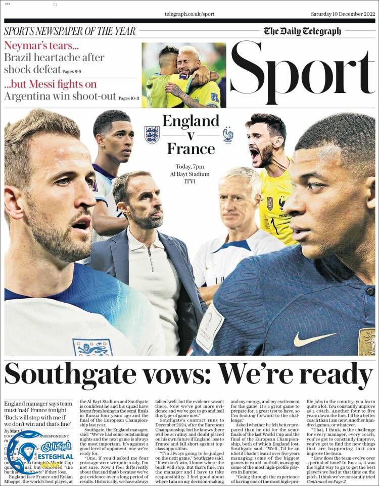 روزنامه ورزشی تلگراف اسپورت شنبه 19 آذر 1401