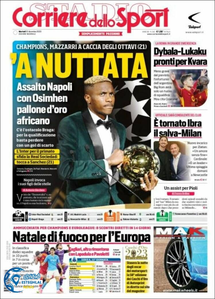 روزنامه ورزشی کوریره دلو اسپورت سه شنبه 21 آذر 1402 