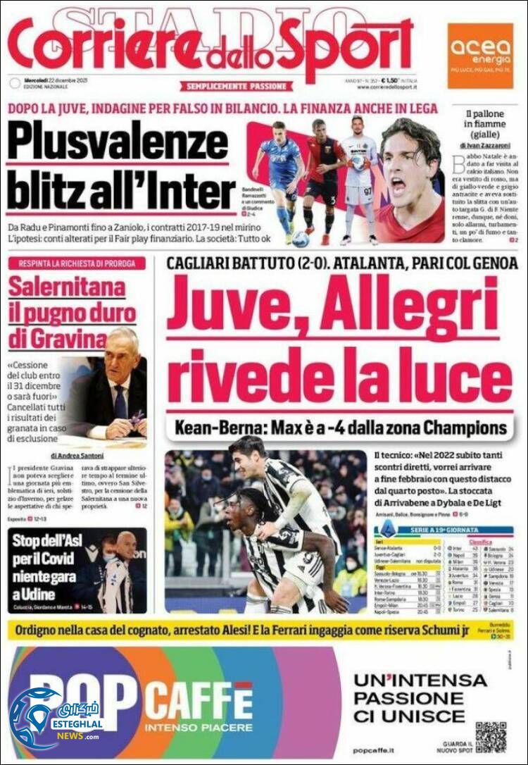 روزنامه ورزشی کوریره دلو اسپورت چهارشنبه 1 دی 1400