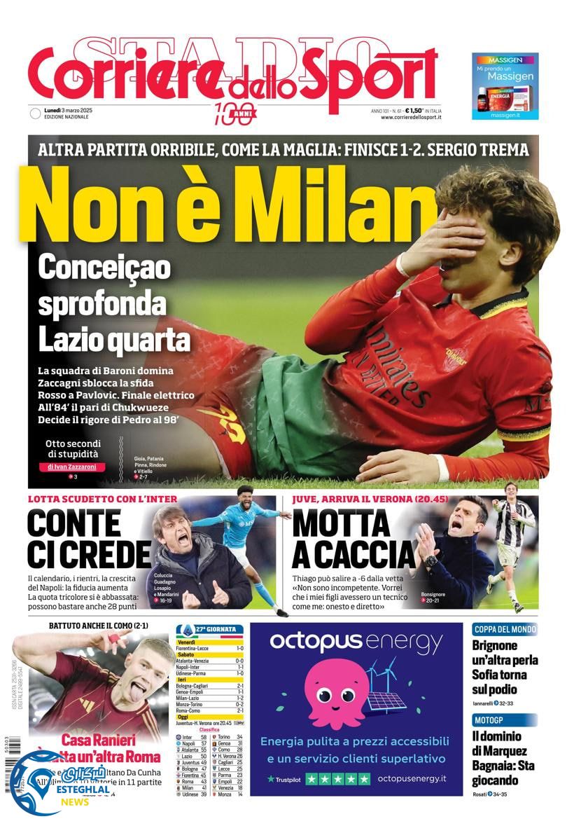 روزنامه ورزشی کوریره دلو اسپورت دوشنبه 13 اسفند 1403 