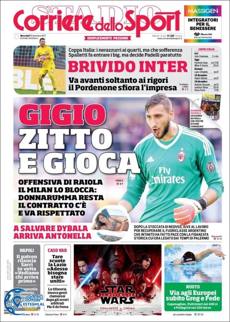 روزنامه ورزشی کوریره دلو اسپورت چهارشنبه 22 آذر 1396