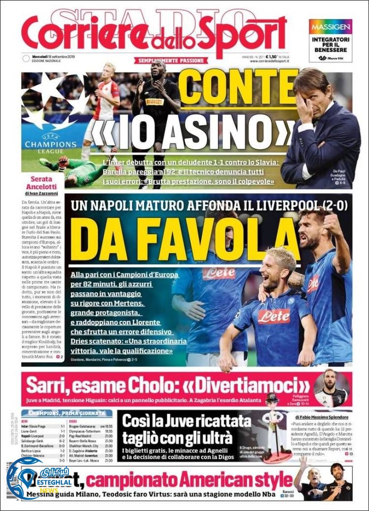 روزنامه ورزشی کوریره دلو اسپورت چهارشنبه 27 شهریور 1398