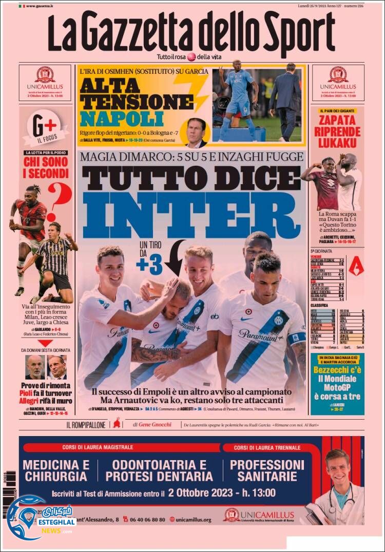 روزنامه ورزشی گاتزتا دلو اسپورت دوشنبه 3 مهر 1402  