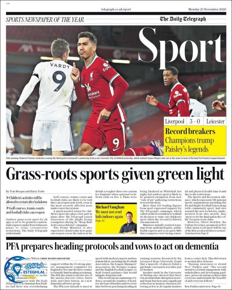 روزنامه ورزشی تلگراف اسپورت دوشنبه 3 آذر 1399