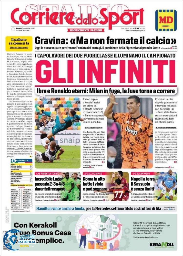 روزنامه ورزشی کوریره دلو اسپورت دوشنبه 12 آبان 1399