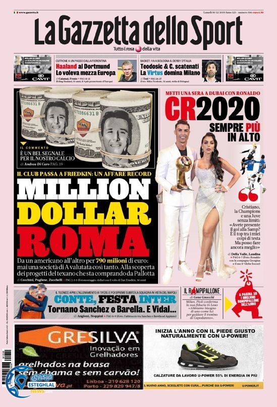 روزنامه ورزشی گاتزتا دلو اسپورت دوشنبه 9 دی 1398