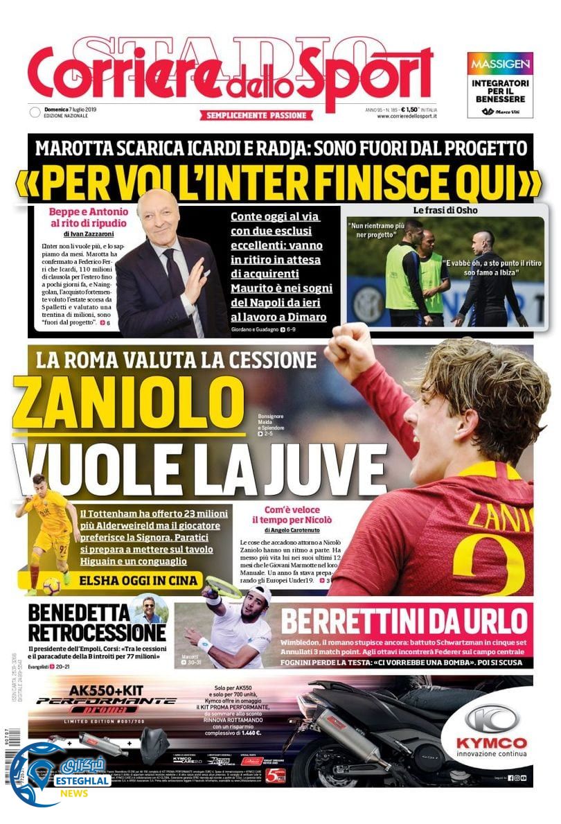 روزنامه ورزشی کوریره دلو اسپورت یکشنبه 16 تیر 1398