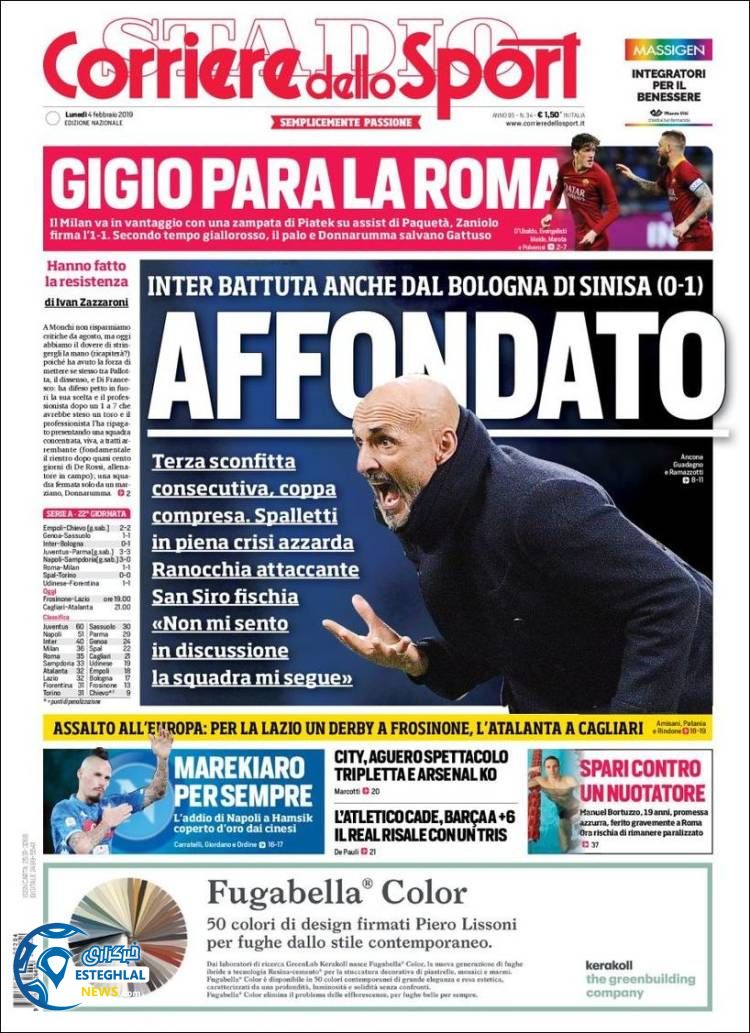 روزنامه ورزشی کوریره دلو اسپورت دوشنبه 15 بهمن 1397