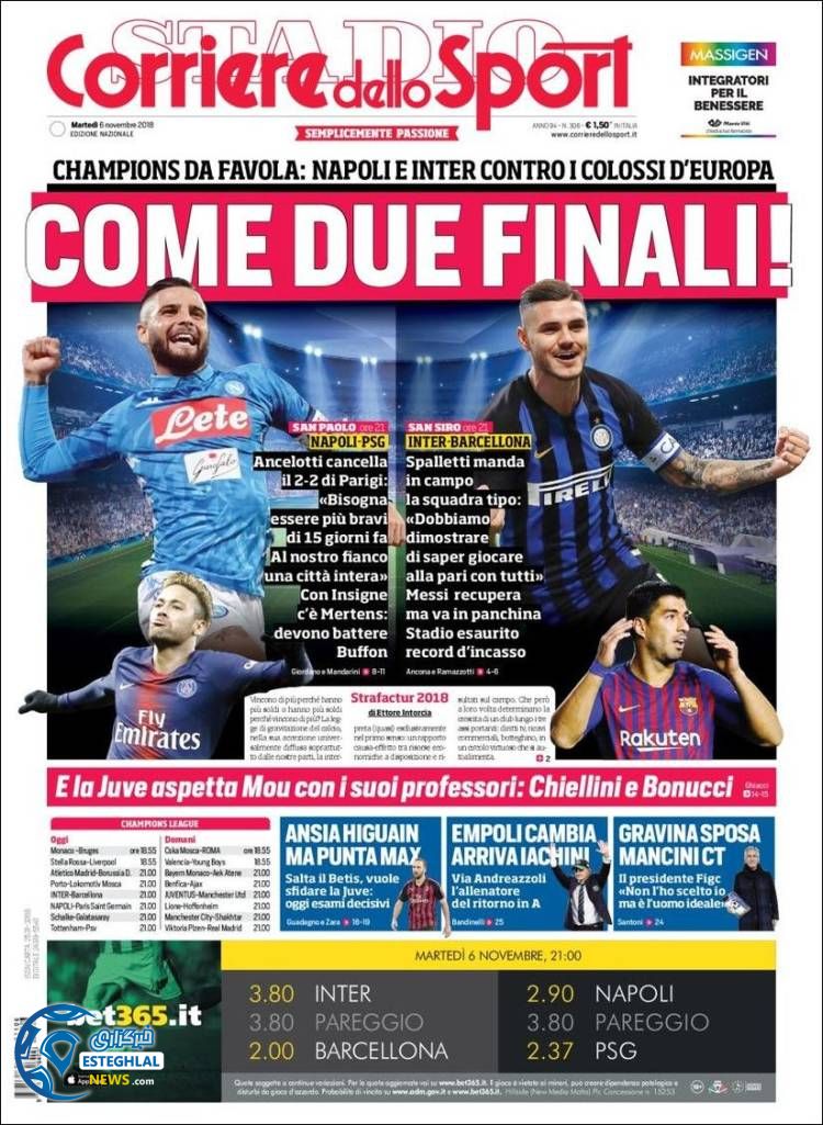 روزنامه ورزشی کوریره دلو اسپورت سه شنبه 15 آبان 1397