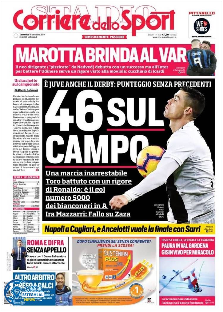 روزنامه  ورزشی کوریره دلو اسپورت یکشنبه 25 آذر 1397