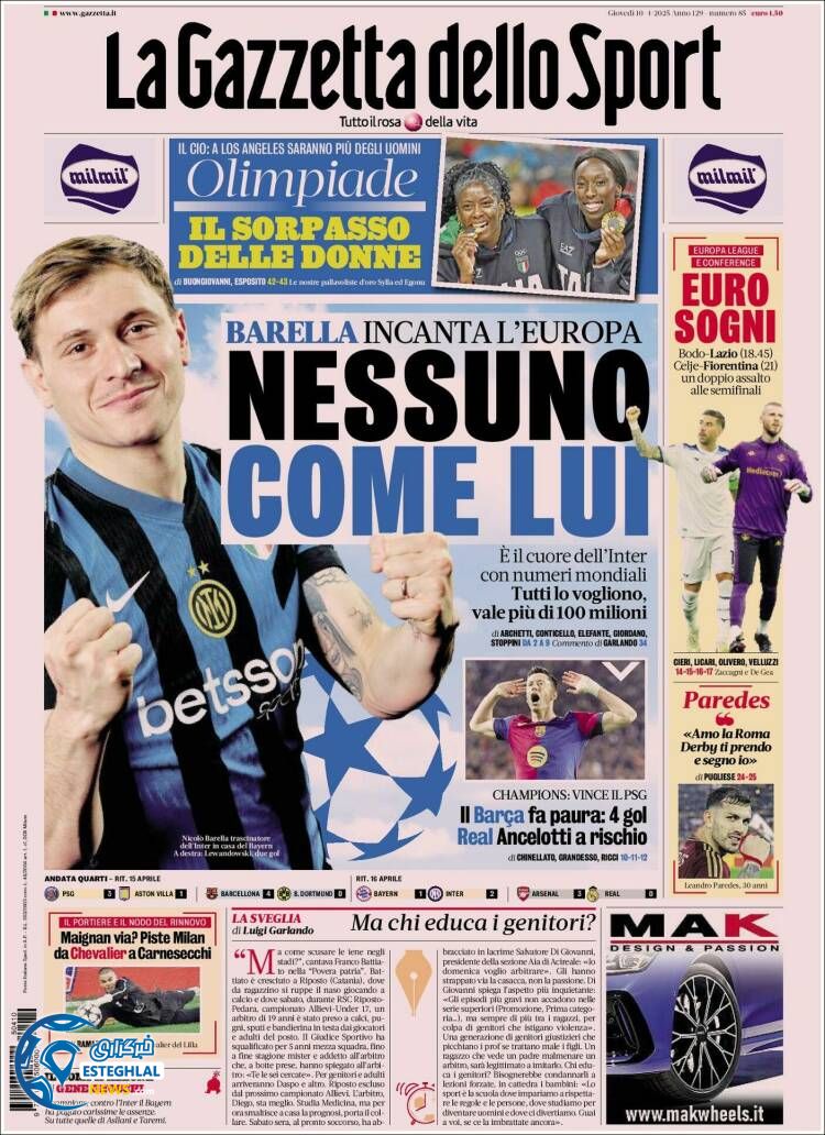 روزنامه ورزشی گاتزتا دلو اسپورت پنجشنبه 21  فروردین 1404