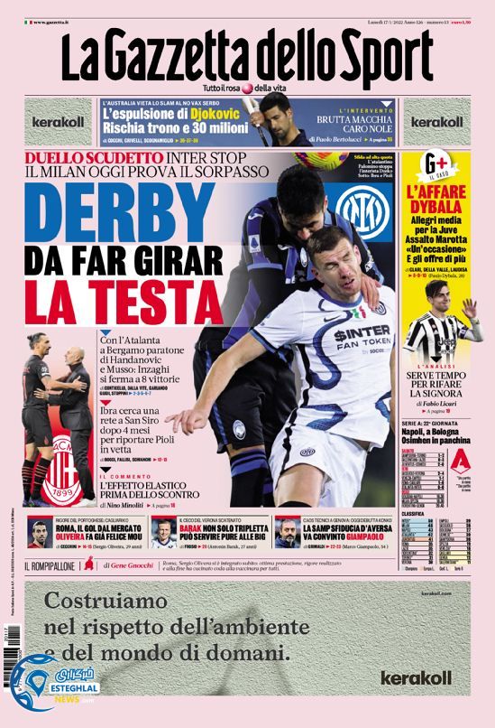 روزنامه ورزشی گاتزتا دلو اسپورت دوشنبه 27 دی 1400