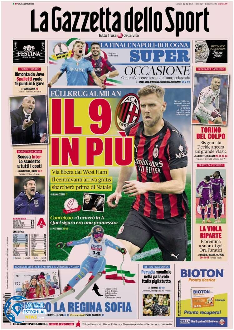 روزنامه  ورزشی گاتزتا دلو اسپورت دوشنبه 1دی 1404 