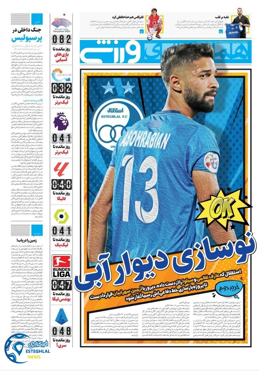 روزنامه همشهری ورزشی دوشنبه 12 تیر 1402  