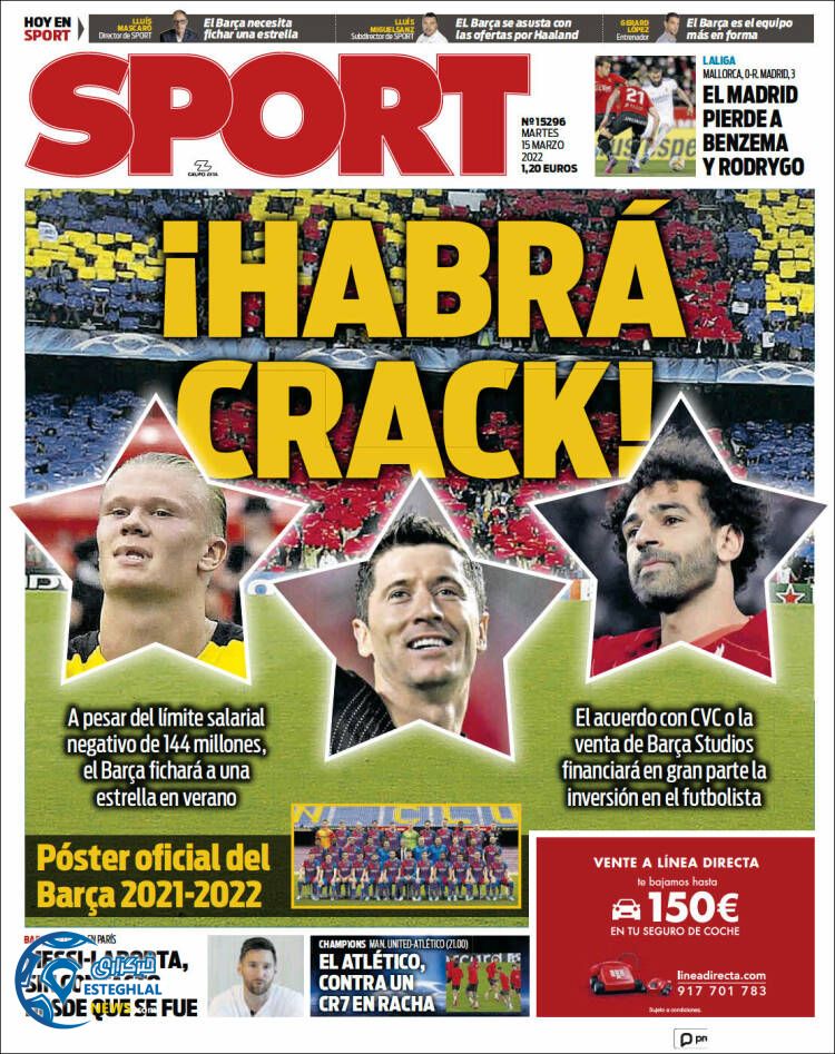 روزنامه ورزشی اسپورت سه شنبه 24 اسفند 1400