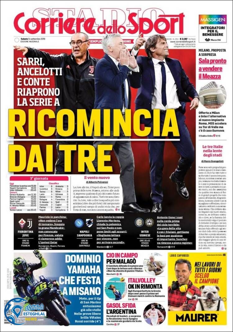 روزنامه ورزشی کوریره دلو اسپورت شنبه 23 شهریور 1398