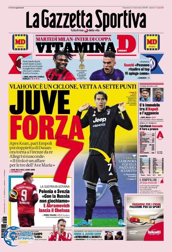 روزنامه ورزشی گاتزتا دلو اسپورت یکشنبه 8 اسفند 1400