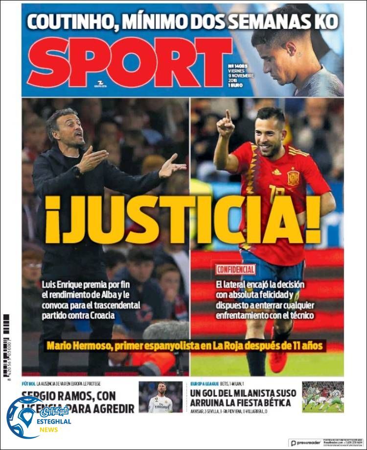 روزنامه ورزشی اسپورت جمعه 18 آبان 1397