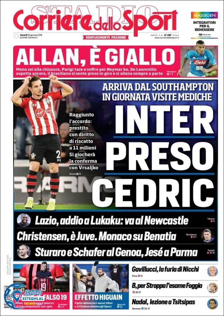 روزنامه ورزشی کوریره دلو اسپورت جمعه 5 بهمن 1397