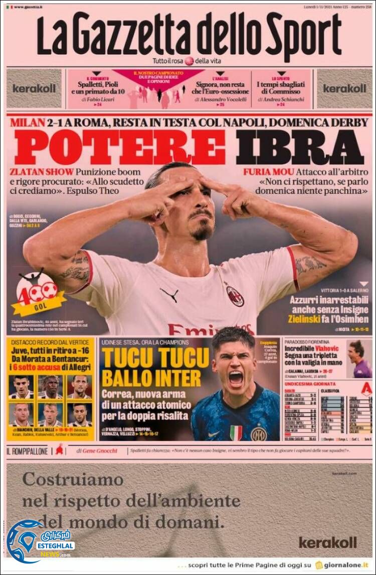 روزنامه ورزشی گاتزتا دلو اسپورت دوشنبه 10 آبان 1400