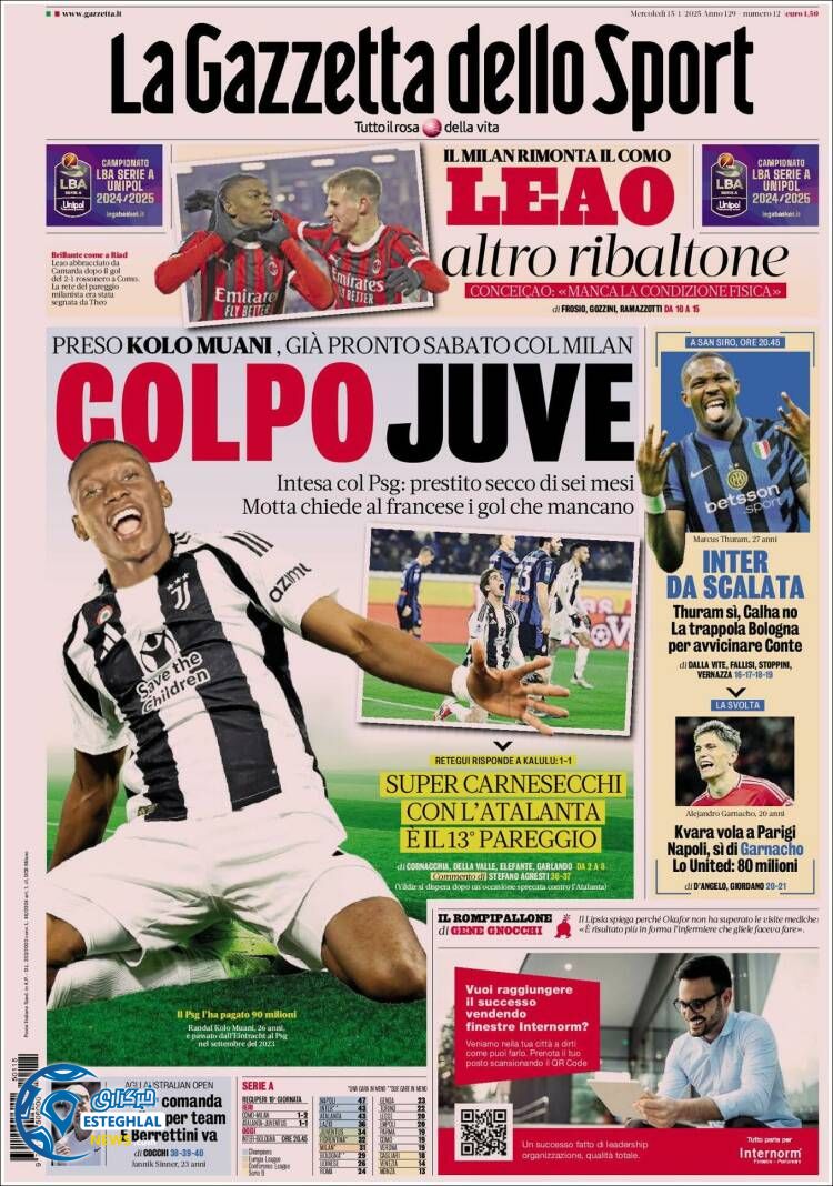 روزنامه ورزشی گاتزتا دلو اسپورت چهارشنبه 26 دی 1403 