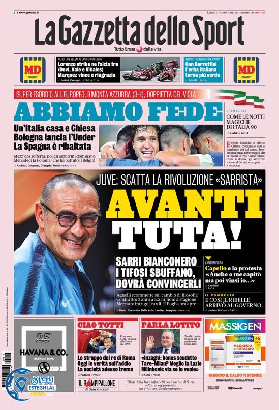 روزنامه ورزشی گاتزتا دلو اسپورت دوشنبه 27 خرداد 1398