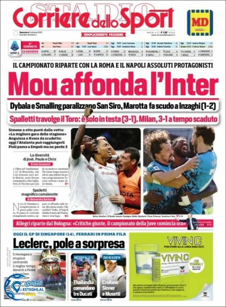 روزنامه ورزشی کوریره  دلو اسپورت یکشنبه 10 مهر 1401 