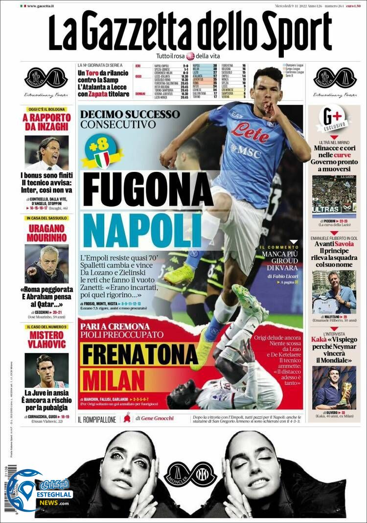 روزنامه ورزشی گاتزتا دلو اسپورت چهارشنبه 18 آبان 1401 