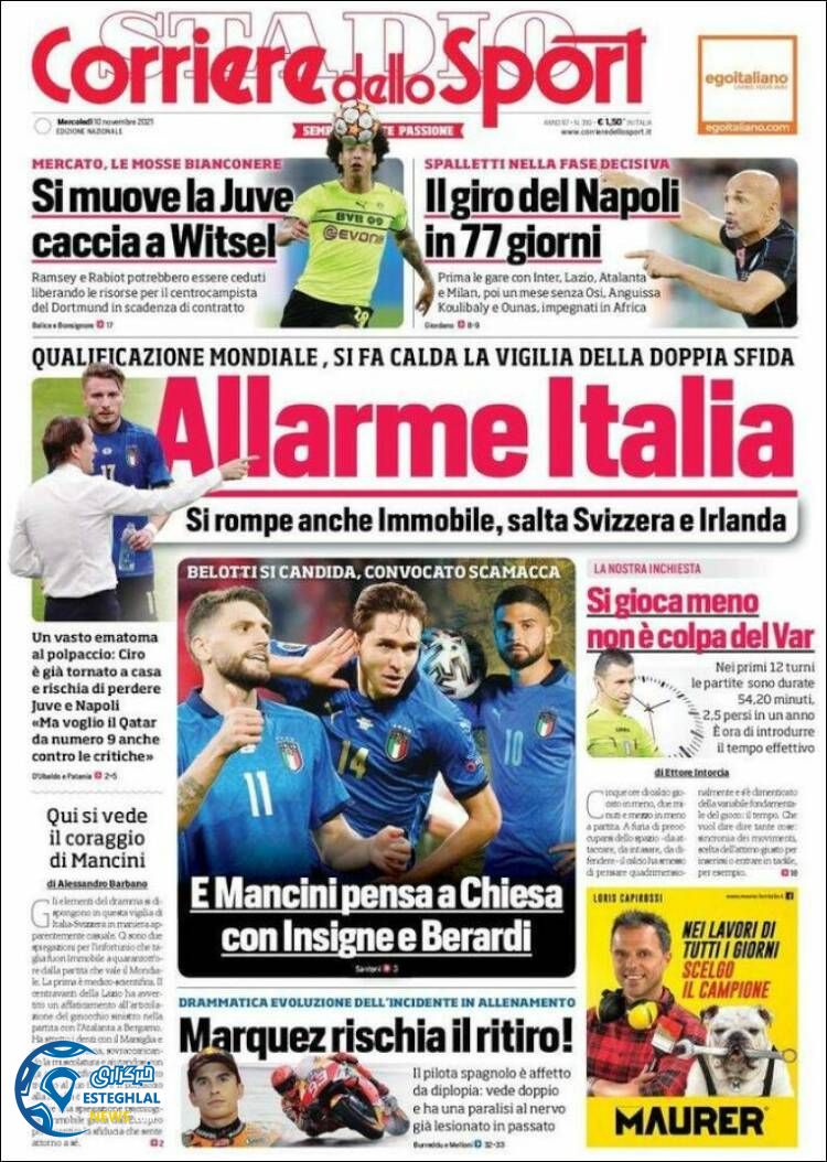 روزنامه ورزشی کوریره دلو اسپورت چهارشنبه 19 آبان 1400