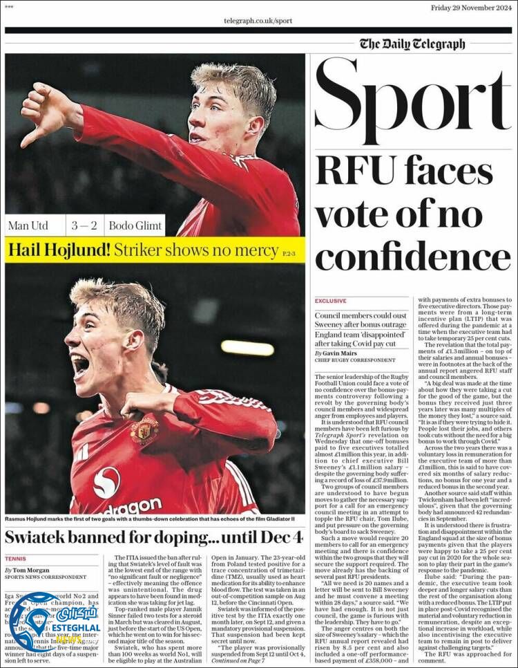 روزنامه ورزشی تلگراف اسپورت جمعه 9 آذر 1403 