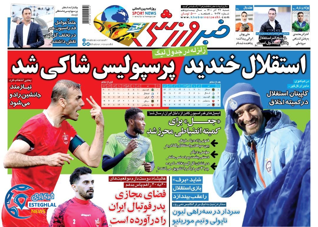 روزنامه خبر ورزشی شنبه 27 آذر 1400   