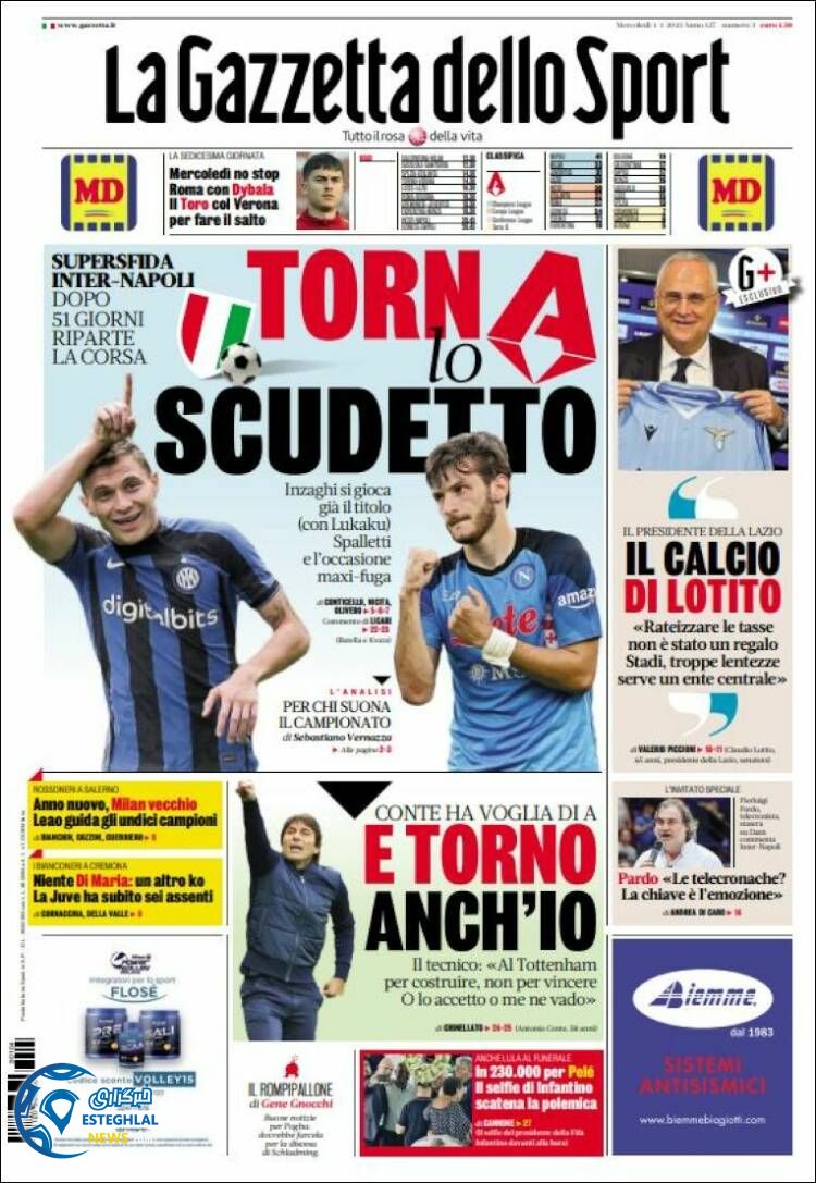 روزنامه  ورزشی گاتزتا دلو اسپورت چهارشنبه 14 دی 1401