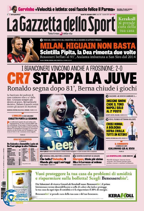 روزنامه ورزشی گاتزتا دلو اسپورت دوشنبه 2 مهر 1397