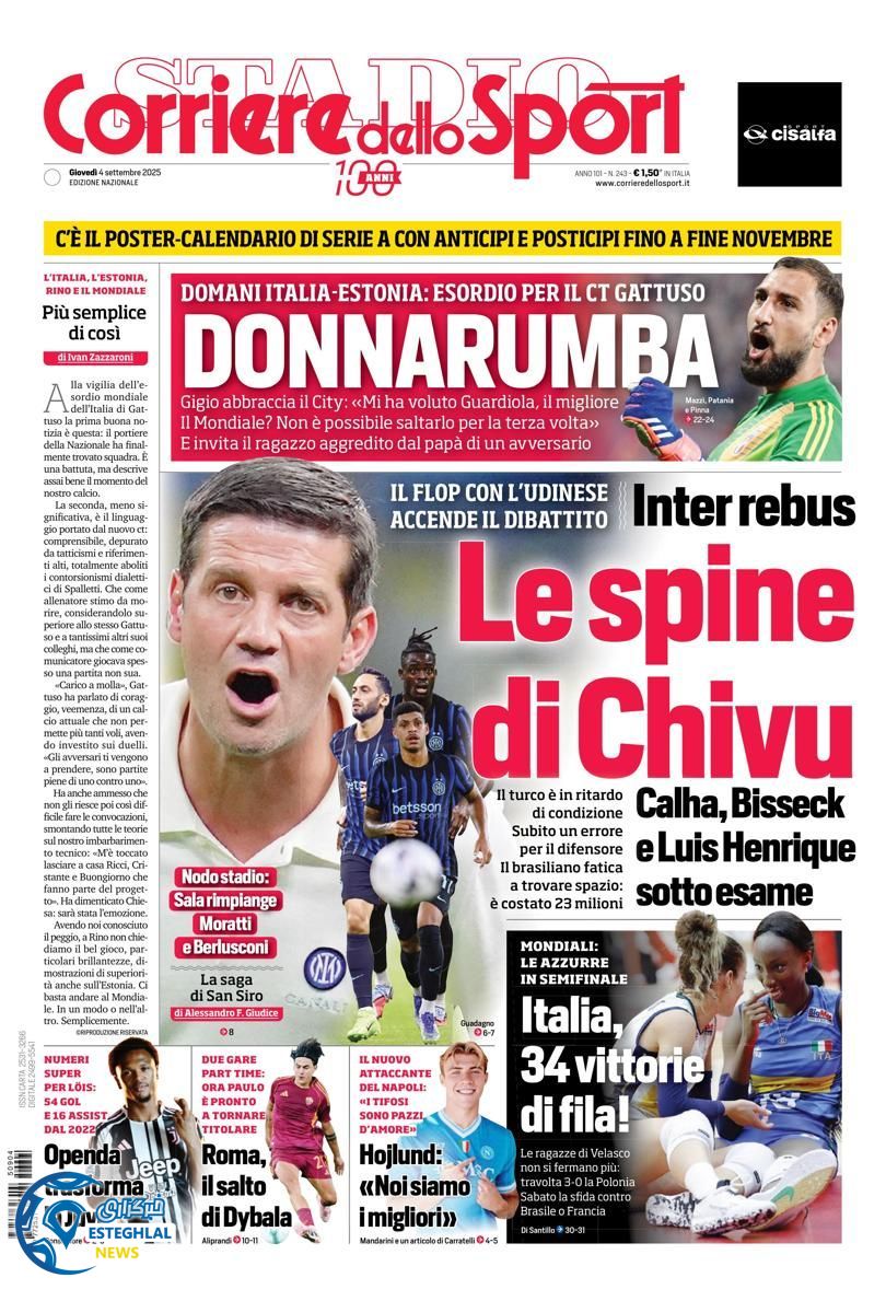 روزنامه ورزشی کوریره دلو اسپورت پنجشنبه 13 شهریور 1404 