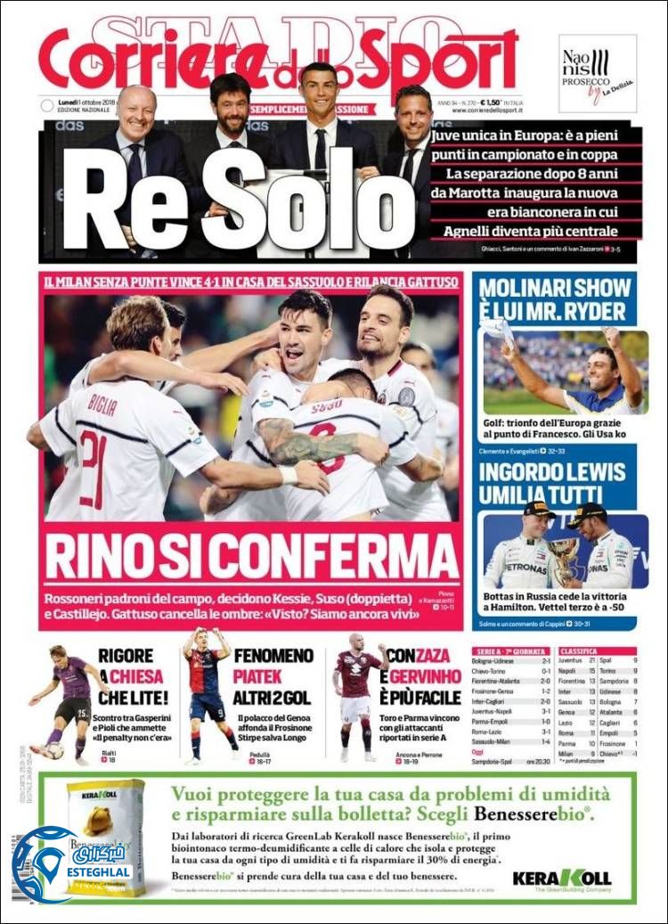 روزنامه ورزشی کوریره دلو اسپورت دوشنبه 9 مهر 1397